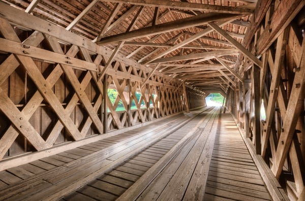 Interior of an old covered bridge in Watson Mill State Park, Georgia, USA.